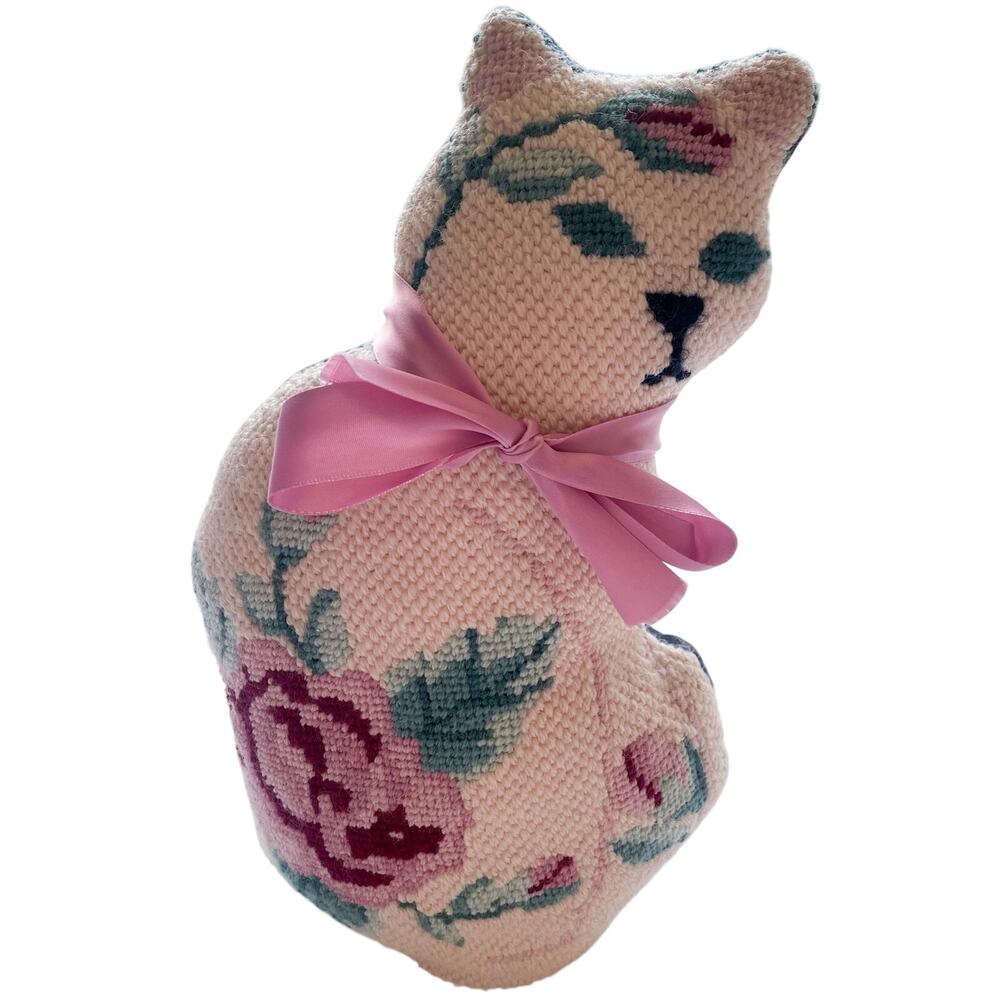 Vintage Needlepoint Floral Cat Weighted Door Stop Grandma Chic Cottagecore